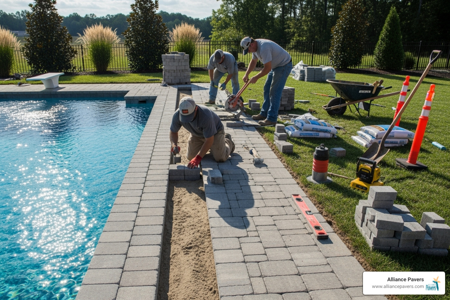 paver installation in progress around a pool - family pool deck contractors ocoee