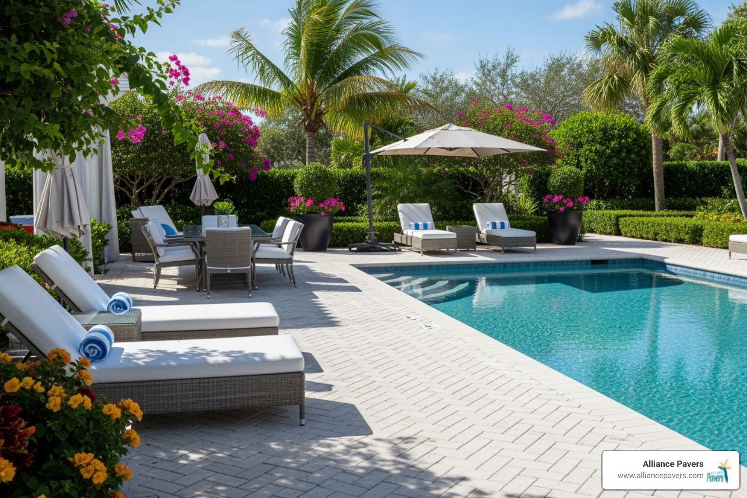 A beautifully completed luxury poolside paver project, showcasing a pristine pool deck with elegant furniture and lush landscaping - luxury poolside pavers windermere A beautifully completed luxury poolside paver project, showcasing a pristine pool deck with elegant furniture and lush landscaping - luxury poolside pavers windermere