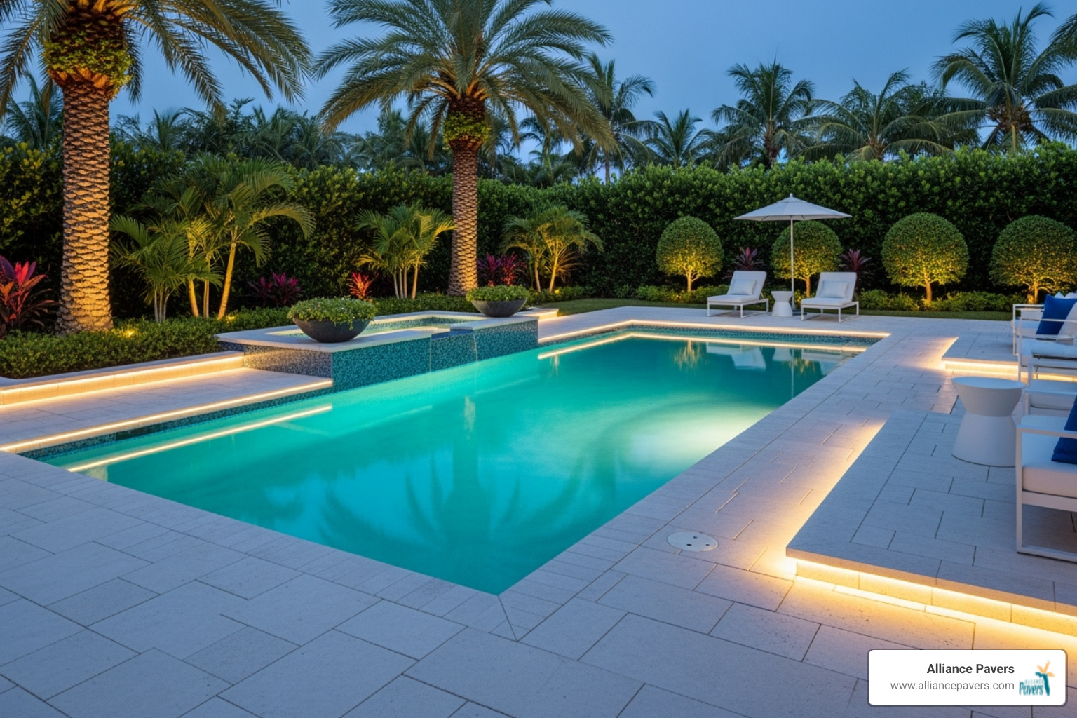 A contemporary poolside area featuring large format light-colored pavers, integrated LED lighting, and lush landscaping - luxury poolside pavers windermere A contemporary poolside area featuring large format light-colored pavers, integrated LED lighting, and lush landscaping - luxury poolside pavers windermere