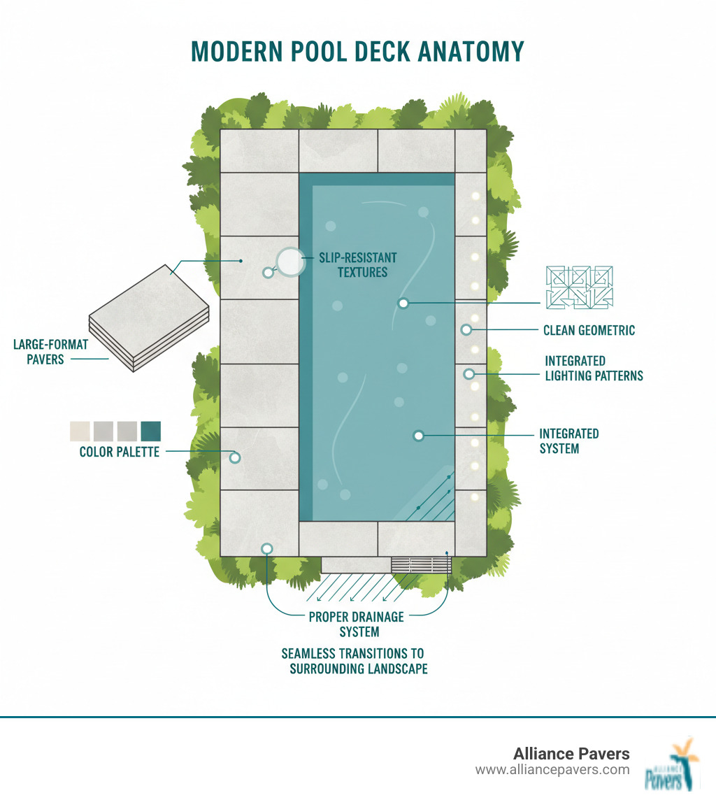 Infographic showing the anatomy of a modern pool deck design with labeled elements including large-format pavers, slip-resistant textures, neutral color palette, clean geometric patterns, integrated lighting zones, proper drainage system, and seamless transitions to surrounding landscape - modern pool deck paving lake nona infographic Infographic showing the anatomy of a modern pool deck design with labeled elements including large-format pavers, slip-resistant textures, neutral color palette, clean geometric patterns, integrated lighting zones, proper drainage system, and seamless transitions to surrounding landscape - modern pool deck paving lake nona infographic