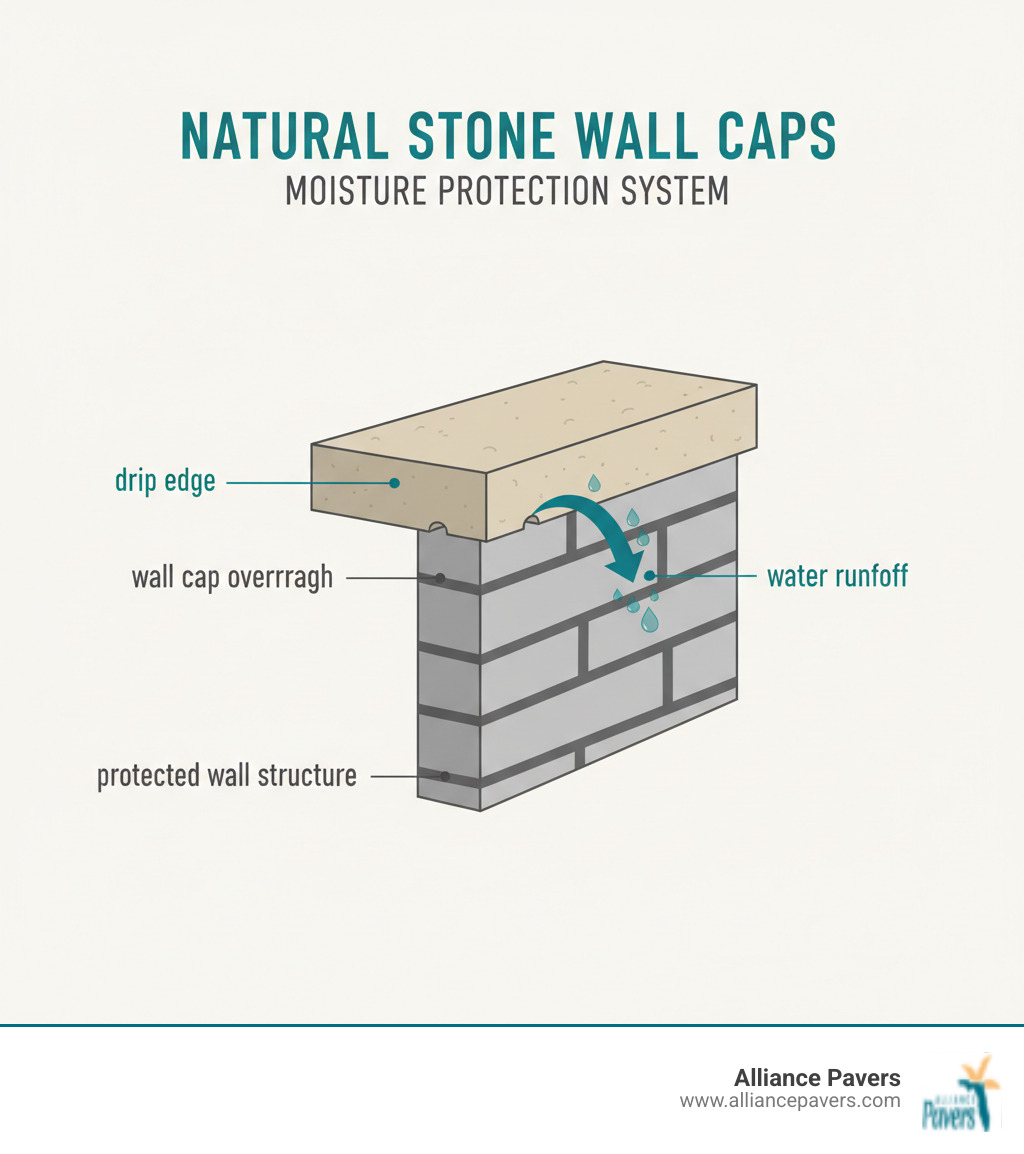 Infographic showing cross-section of a wall with a natural stone cap installed with a drip edge overhang, illustrating how water flows off the cap away from the wall face, preventing moisture penetration into the mortar joints and wall core, with labels for 'drip edge,' 'water runoff,' 'wall cap overhang,' and 'protected wall structure' - natural stone wall caps infographic Infographic showing cross-section of a wall with a natural stone cap installed with a drip edge overhang, illustrating how water flows off the cap away from the wall face, preventing moisture penetration into the mortar joints and wall core, with labels for 'drip edge,' 'water runoff,' 'wall cap overhang,' and 'protected wall structure' - natural stone wall caps infographic