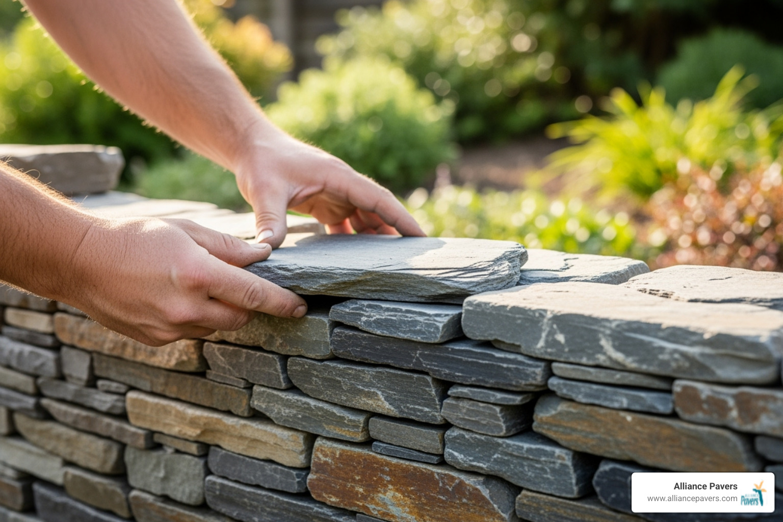 wall construction process, showing stones being carefully placed - slate garden wall