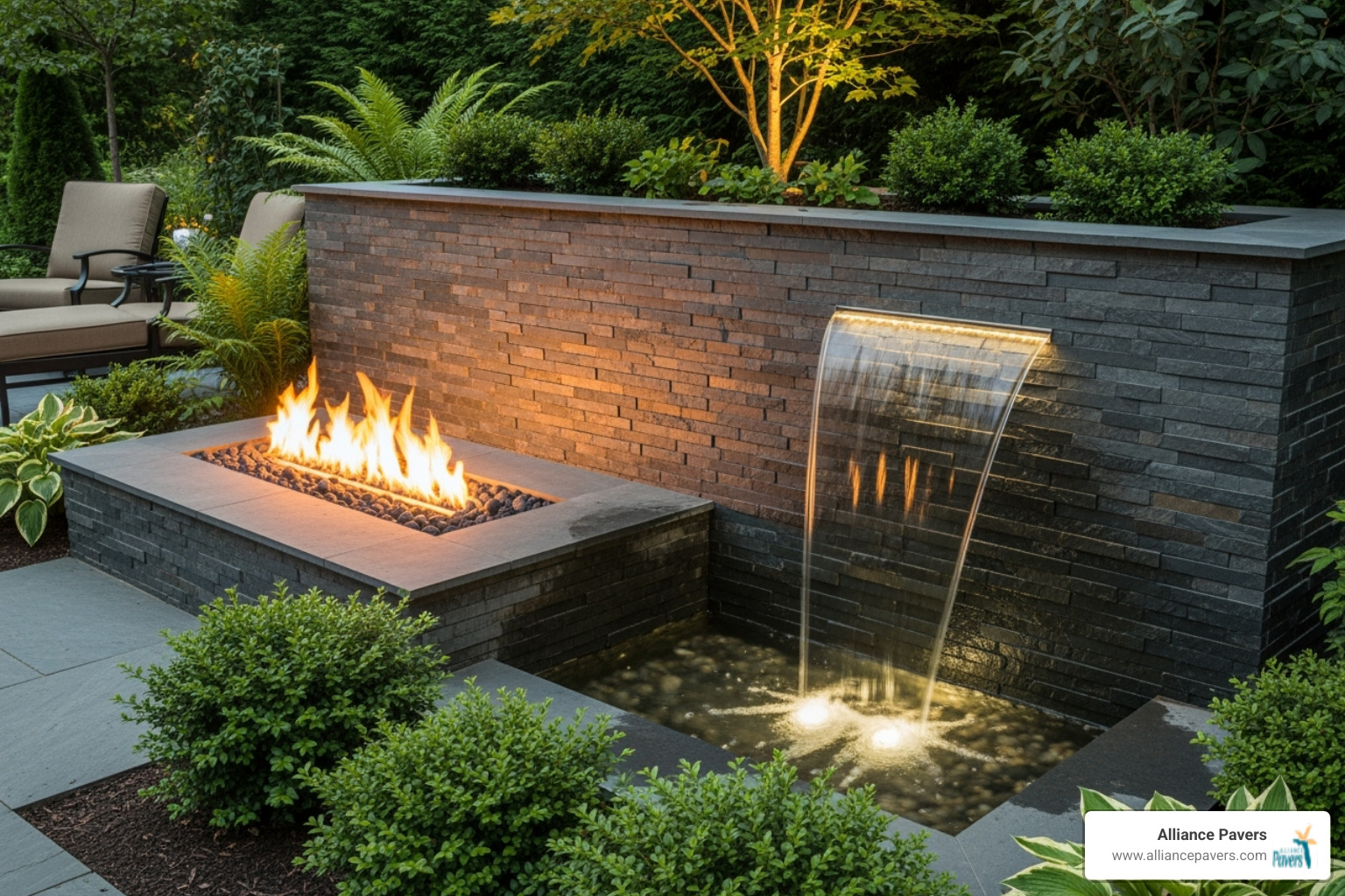 slate wall integrated with a fire pit or water feature - slate garden wall