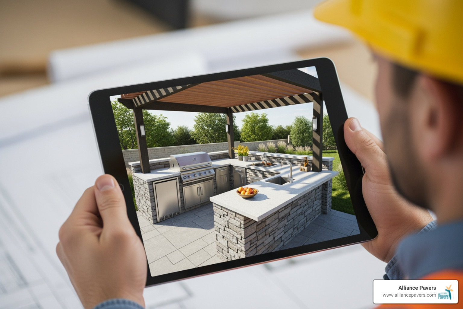 a tablet displaying a 3D rendering of an outdoor kitchen design, held by a designer in a hard hat - outdoor kitchen installation orlando