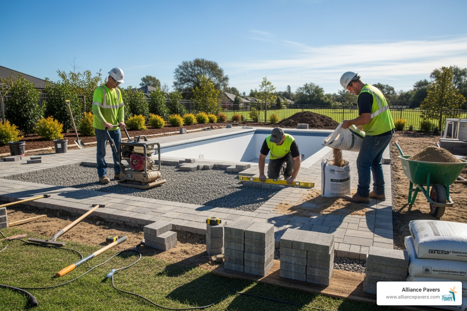 Professional paver installation crew working on a pool deck foundation - new pool deck paving winter springs