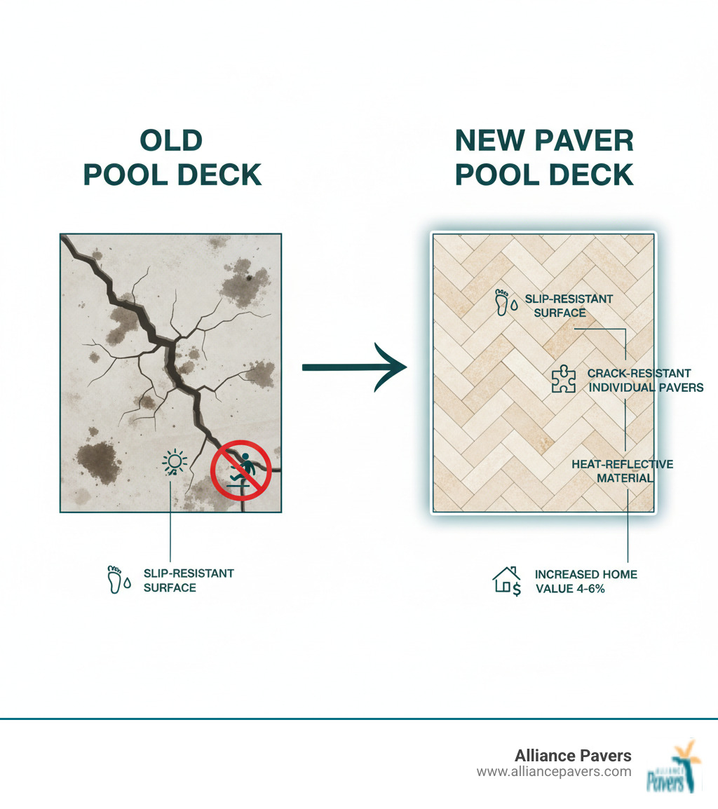 Infographic showing the transformation from a cracked, stained concrete pool deck with visible safety hazards to a beautiful new paver pool deck featuring elegant travertine pavers in a herringbone pattern, with labels highlighting key benefits: slip-resistant surface, crack-resistant individual pavers, heat-reflective material, and increased home value of 4-6% - new pool deck paving winter springs infographic 
