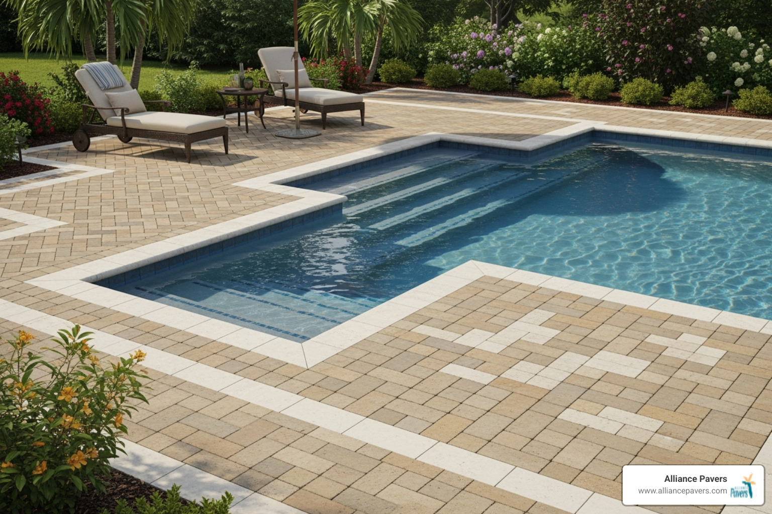 Image showcasing different paver patterns like herringbone and basketweave - new pool deck paving winter springs