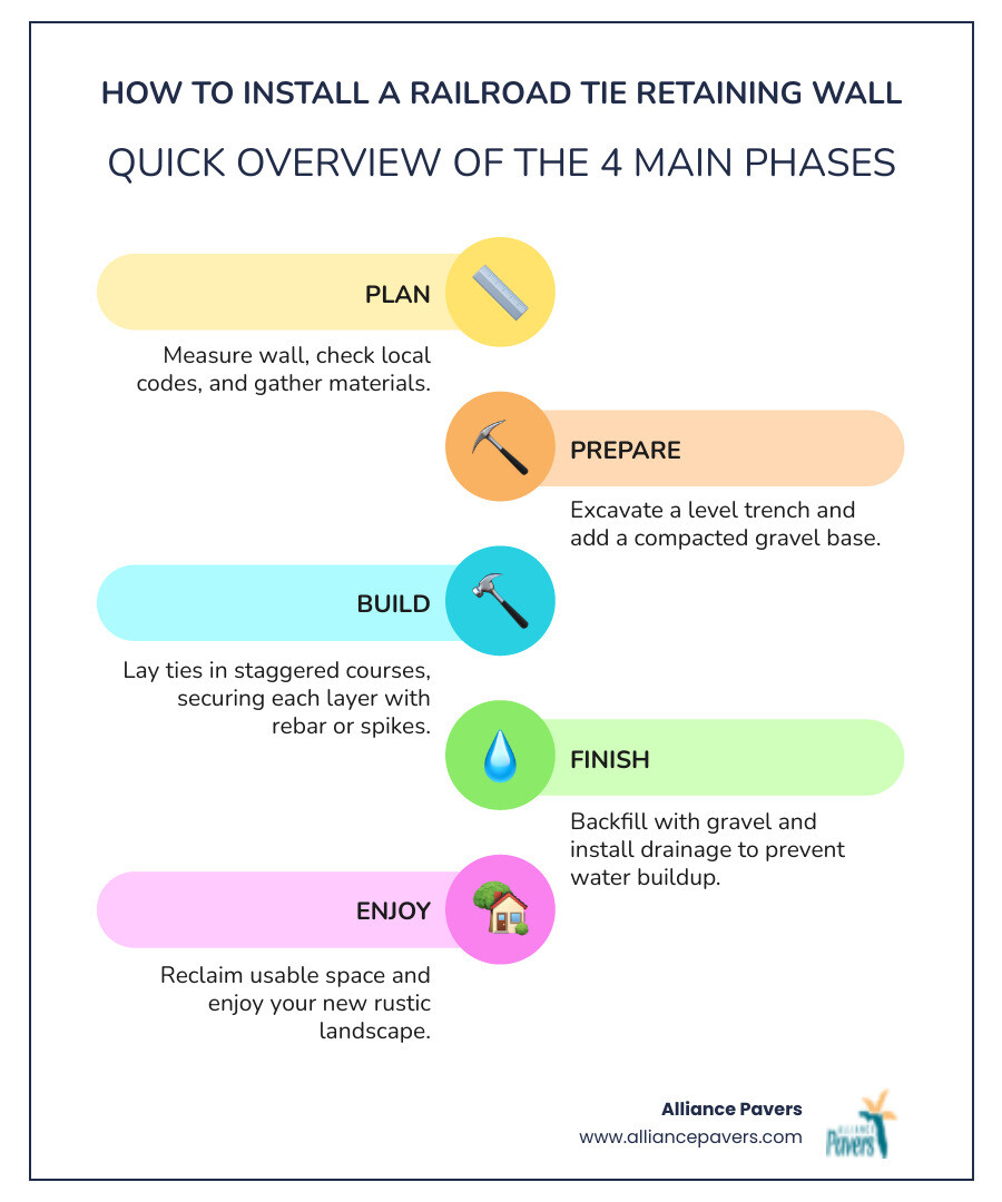 Infographic showing the four main phases of railroad tie retaining wall installation: Plan (showing measuring tape and building permit), Prepare (showing excavated trench with gravel base), Build (showing stacked and staggered railroad ties with rebar), and Finish (showing backfilled wall with drainage pipe and gravel) - how to install a railroad tie retaining wall infographic infographic-line-5-steps-colors