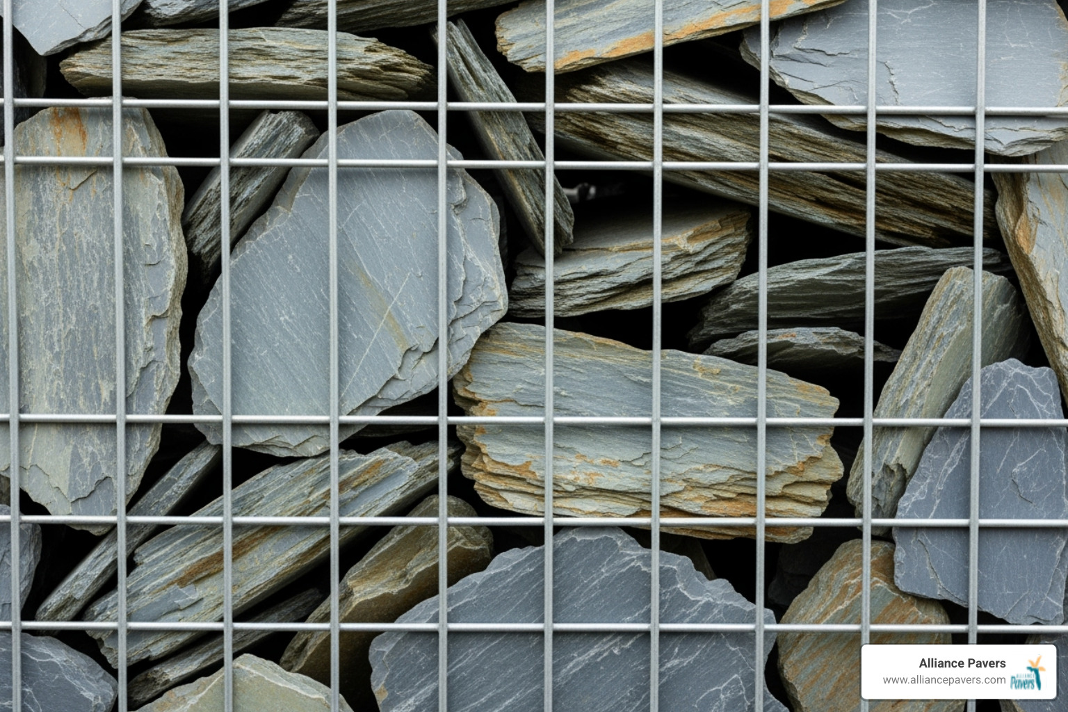 close-up of flat slate pieces in a gabion basket, showcasing their texture and varied blue-grey tones - slate gabion wall close-up of flat slate pieces in a gabion basket, showcasing their texture and varied blue-grey tones - slate gabion wall