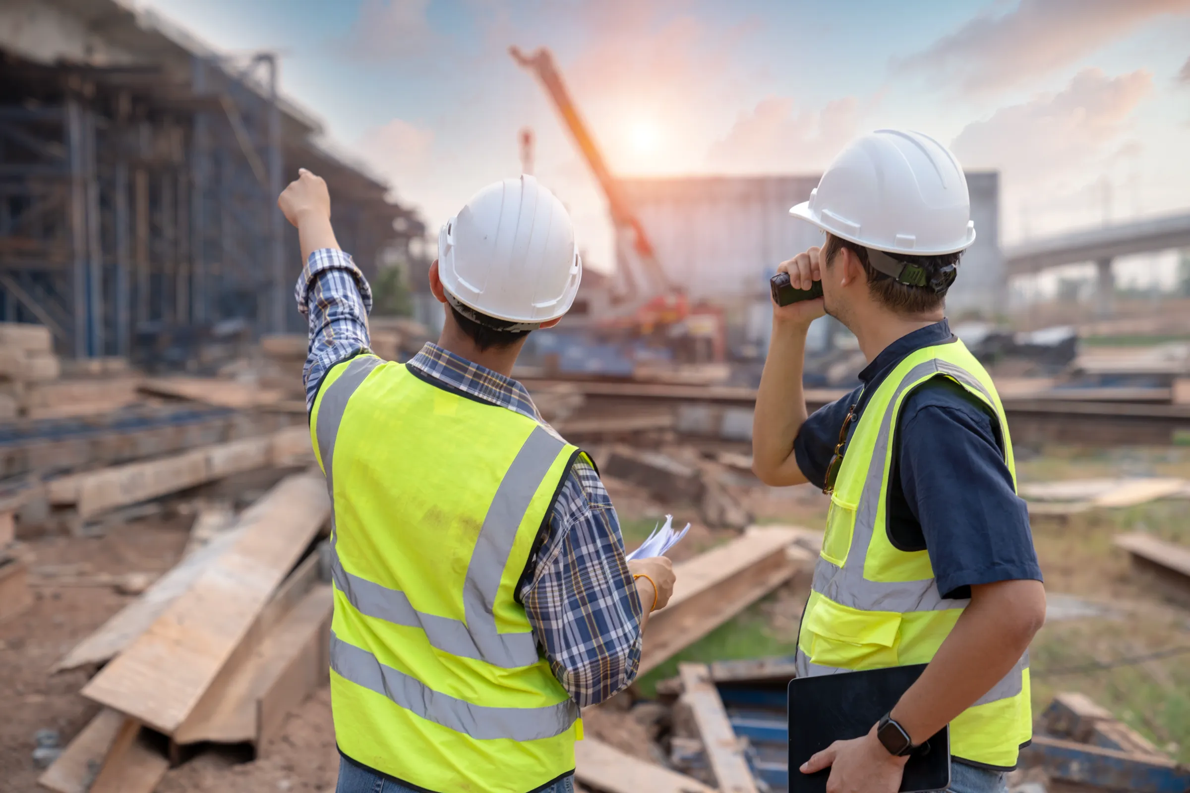A project manager in a hard hat and safety vest uses a tablet to oversee ongoing construction activities, with workers and machinery in the background, highlighting Jewett Construction’s strategic coordination and meticulous project oversight.