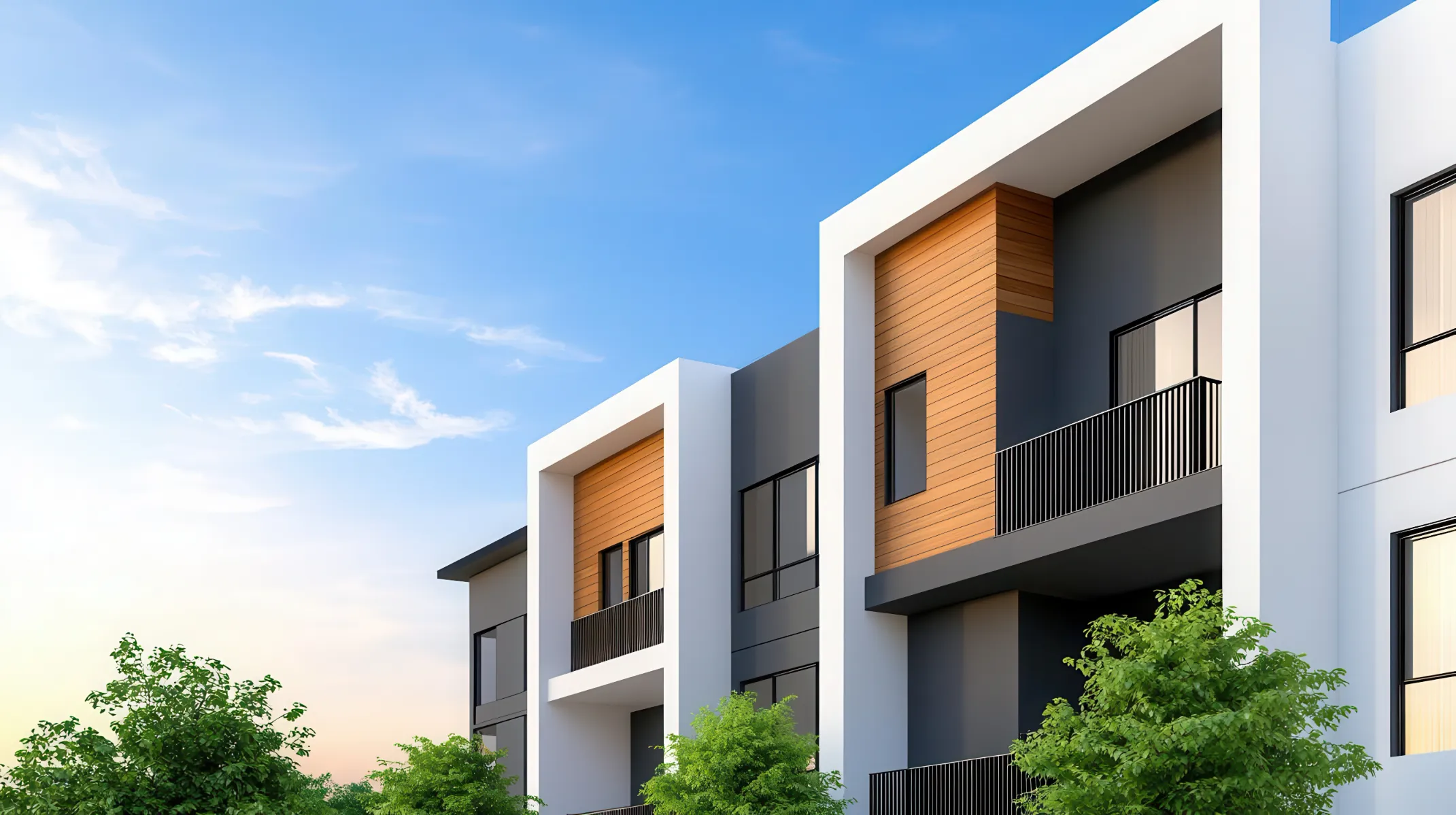 Modern residential building with clean architectural lines, featuring a combination of white, gray, and wood paneling, surrounded by green foliage and a clear blue sky.