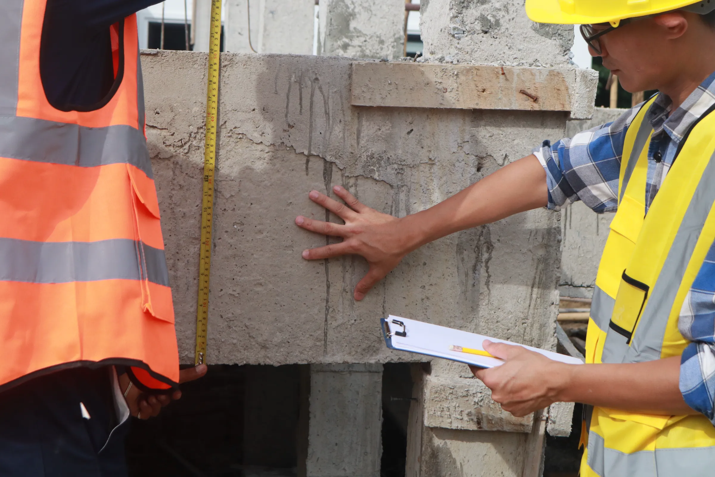 Construction workers in high-visibility vests measuring a concrete structure with a tape measure, clipboard in hand, on a construction site.