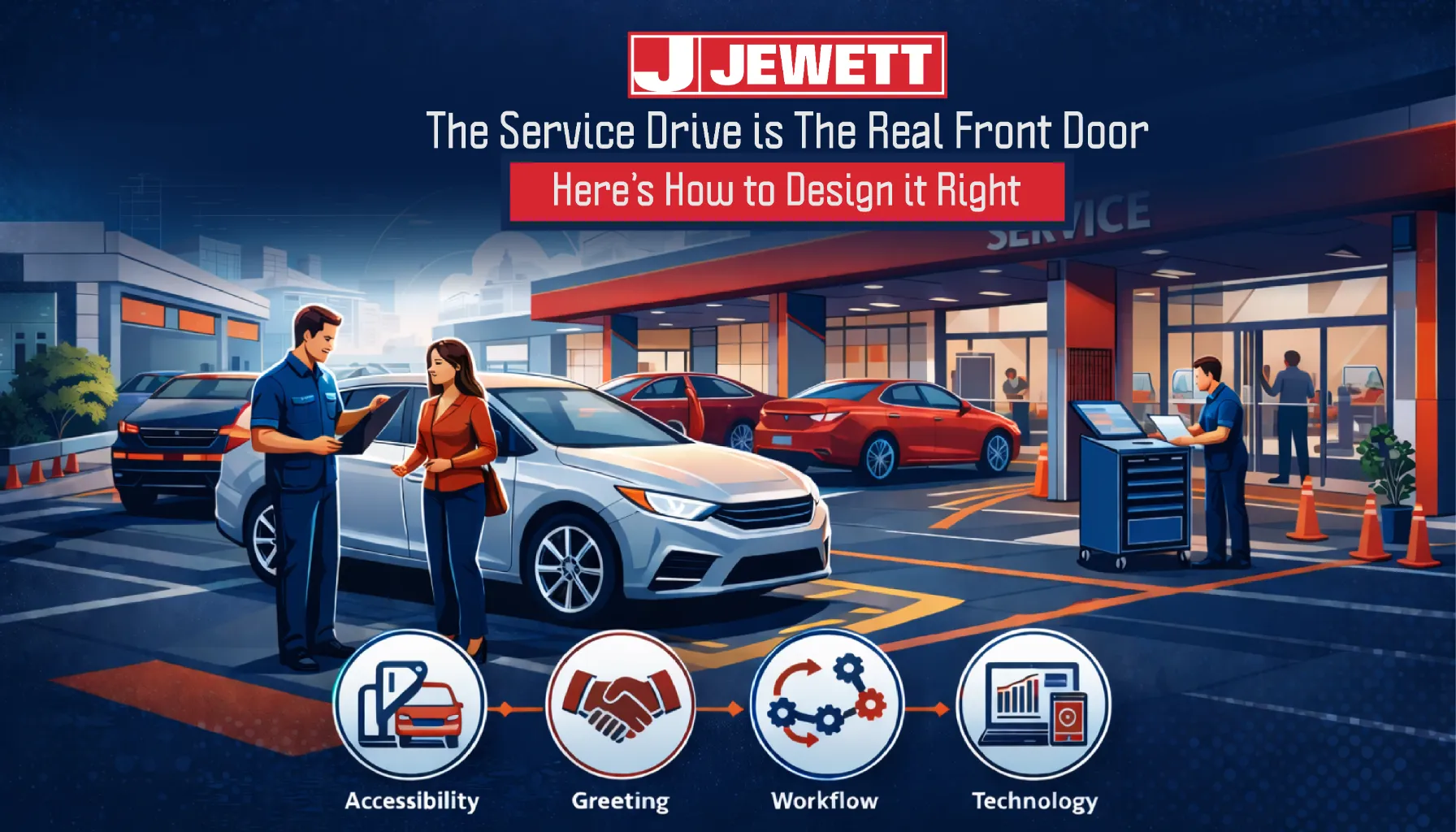 Illustration of an automotive dealership service drive where a service advisor greets a customer beside a vehicle under a covered service lane, highlighting accessibility, customer greeting, workflow, and technology in service drive design.