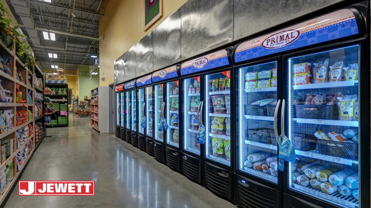 Freezer and cold storage facility aisle glass-door units displaying packaged food products, illustrating commercial refrigeration design and efficient cold storage layout for food and beverage facilities.