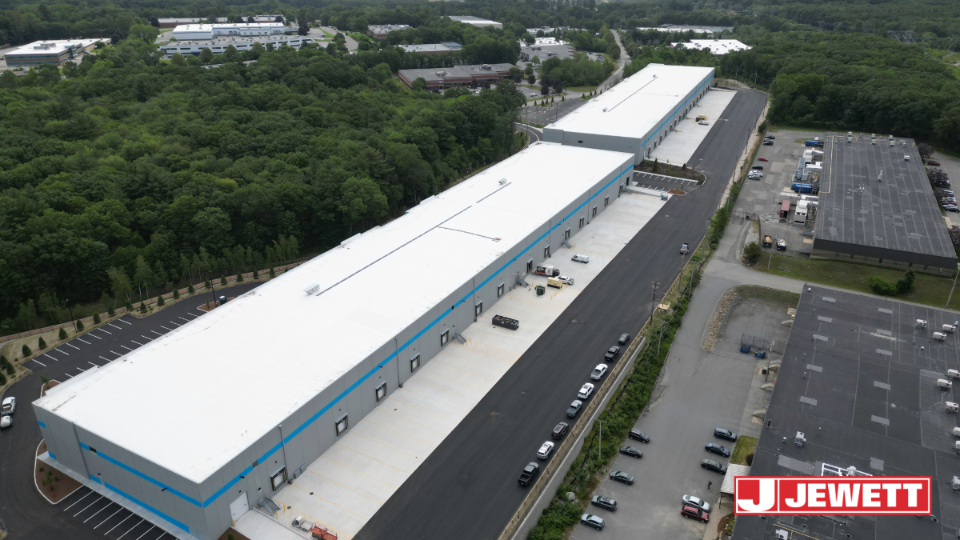 Aerial view of Upton Crossing, a two-building industrial warehouse campus in Wilmington, Massachusetts, constructed by Jewett Construction.
