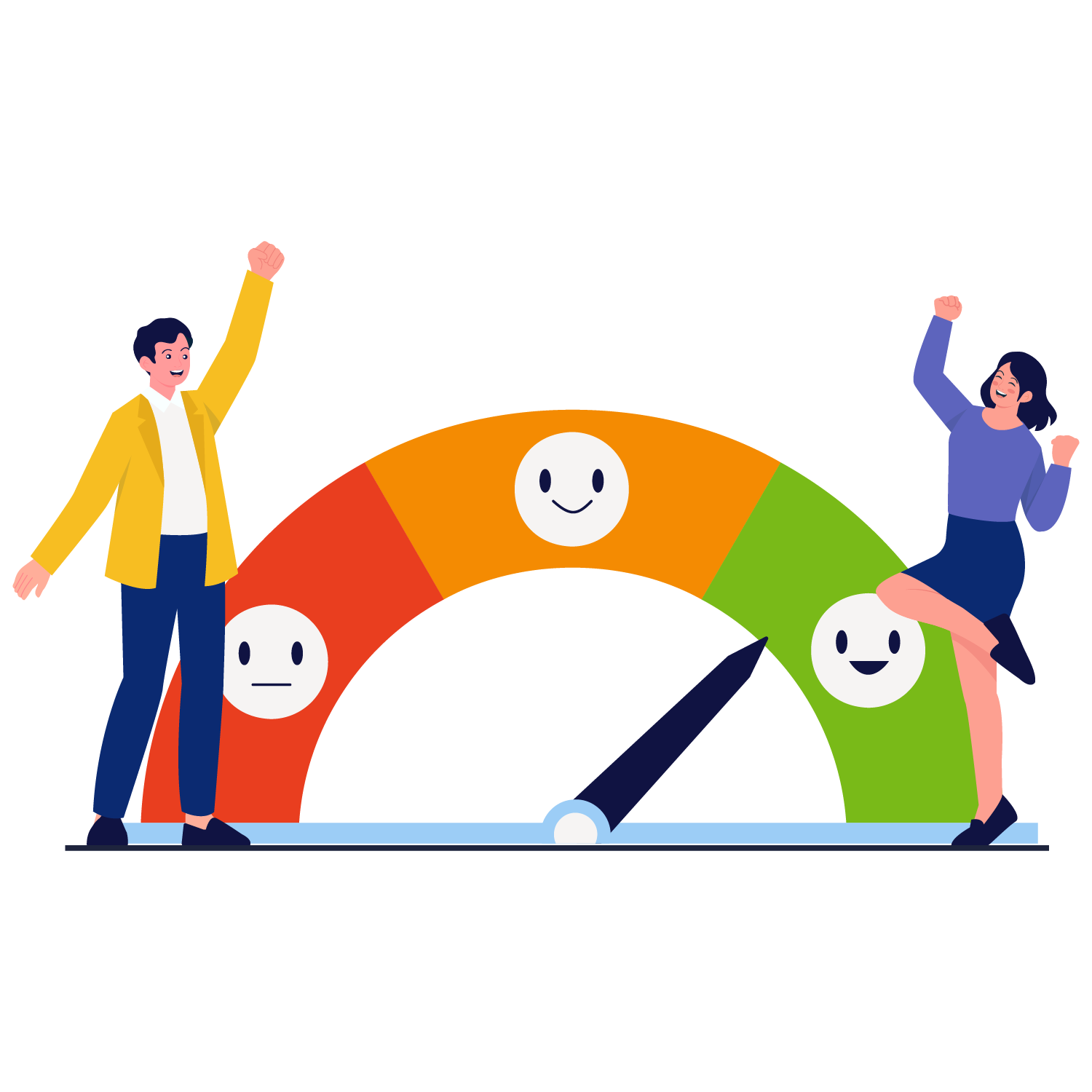Ilustración de medidor de satisfacción con empleados celebrando en zona verde, representando una experiencia de empleado positiva en una empresa.