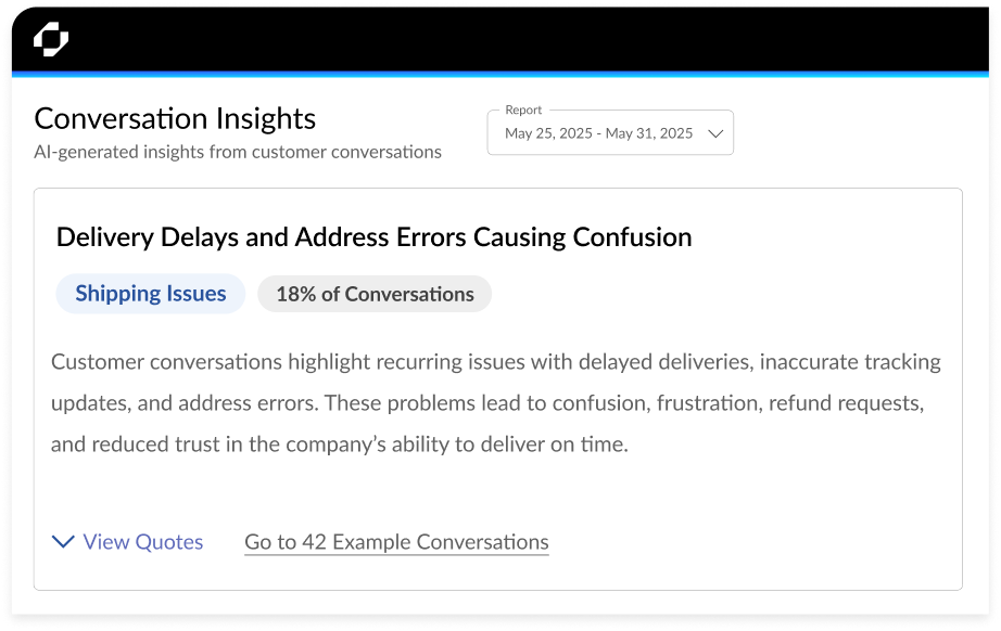 Replicant Conversation Insights dashboard showing shipping-related call drivers, delivery delays, and customer frustration trends identified through AI-generated contact center analytics.