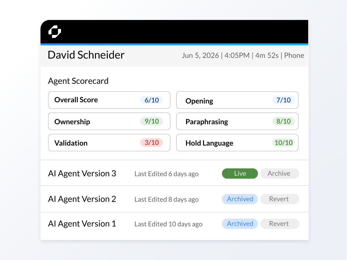 Replicant agent scorecard dashboard showing soft skill performance metrics including ownership, validation, paraphrasing, hold language, and overall agent score.