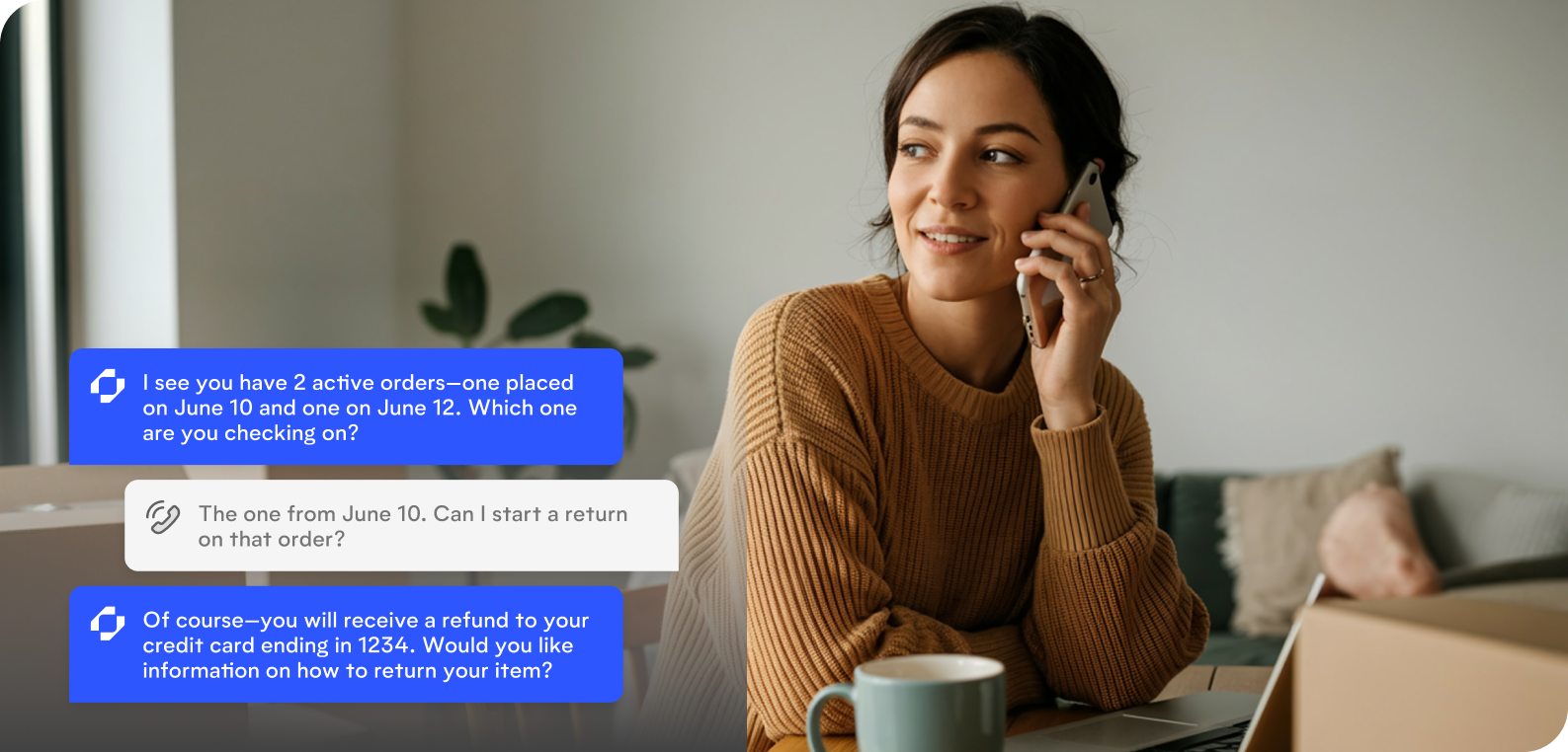 AI voicebot assisting a customer with order information and returns during a real-time phone support conversation.