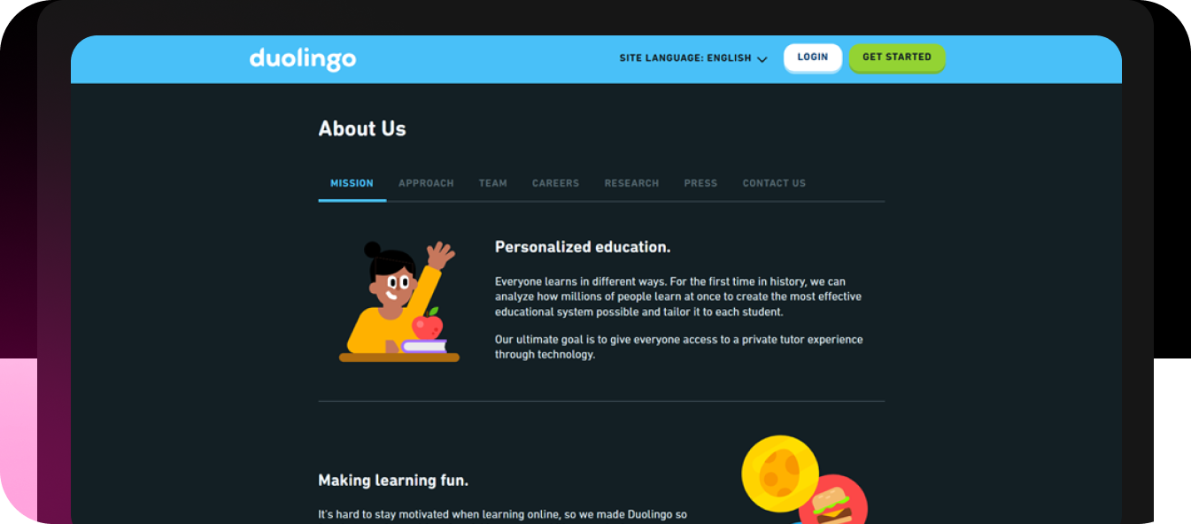 Duolingo Language Learning About Us Page Design Example