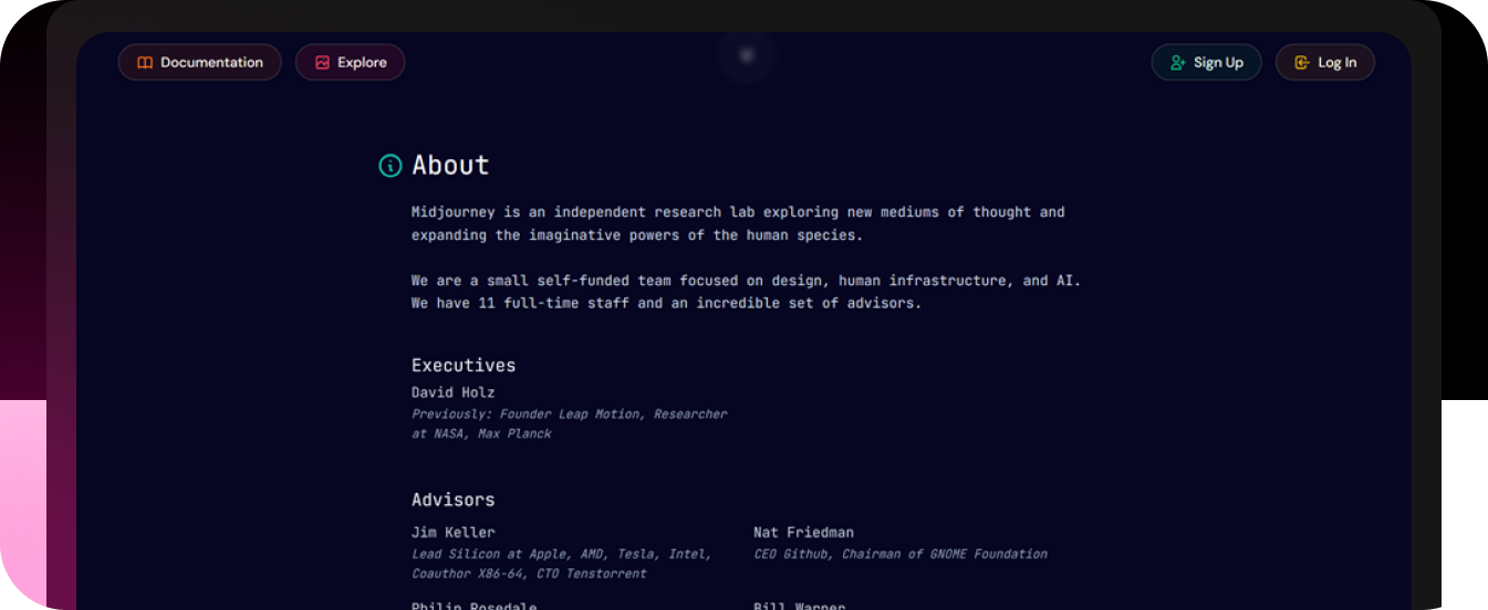 MidJourney AI Image Generator About Us Page Design Example