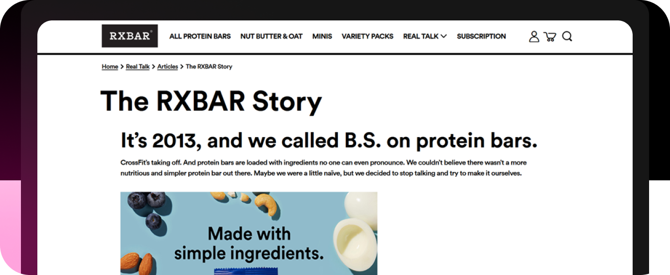 RXBAR Protein Bar Brand About Us Page Design Example