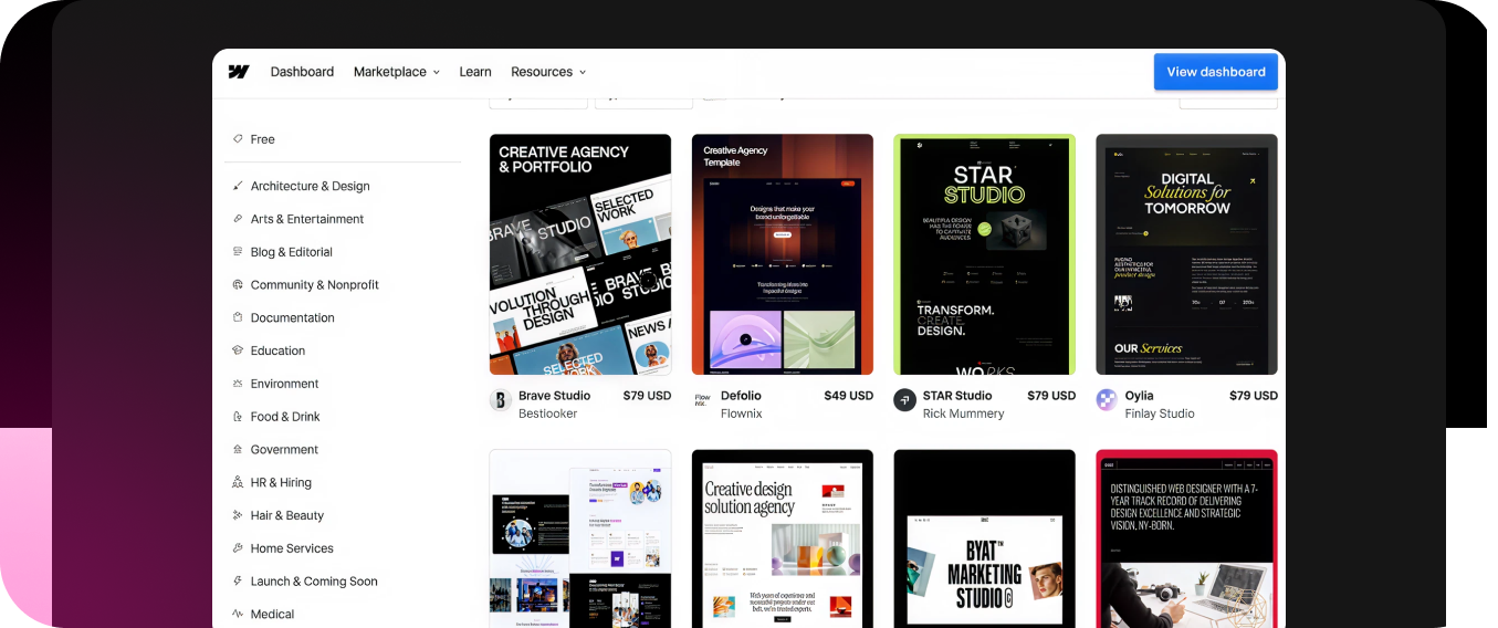 webflow template store screenshot