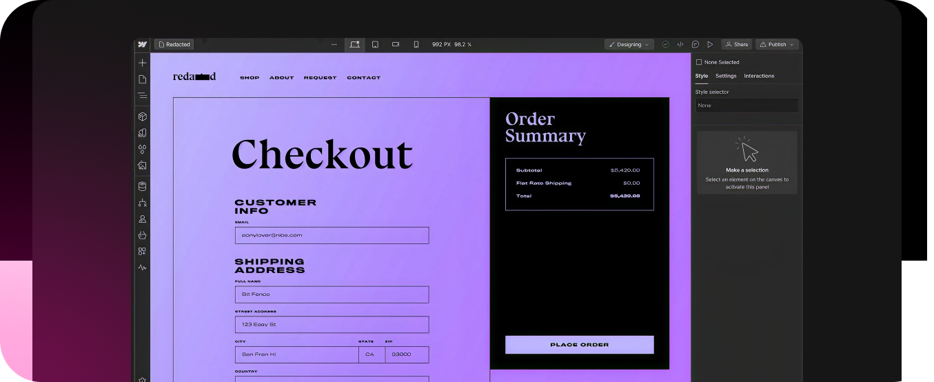 A checkout page built in webflow