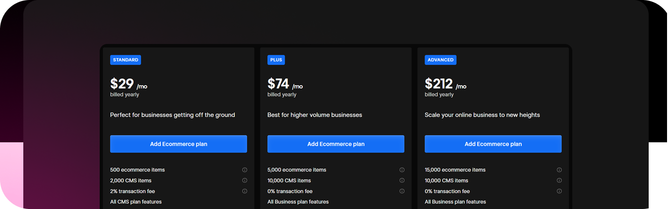 Webflow has customised plans for ecommerce businesses