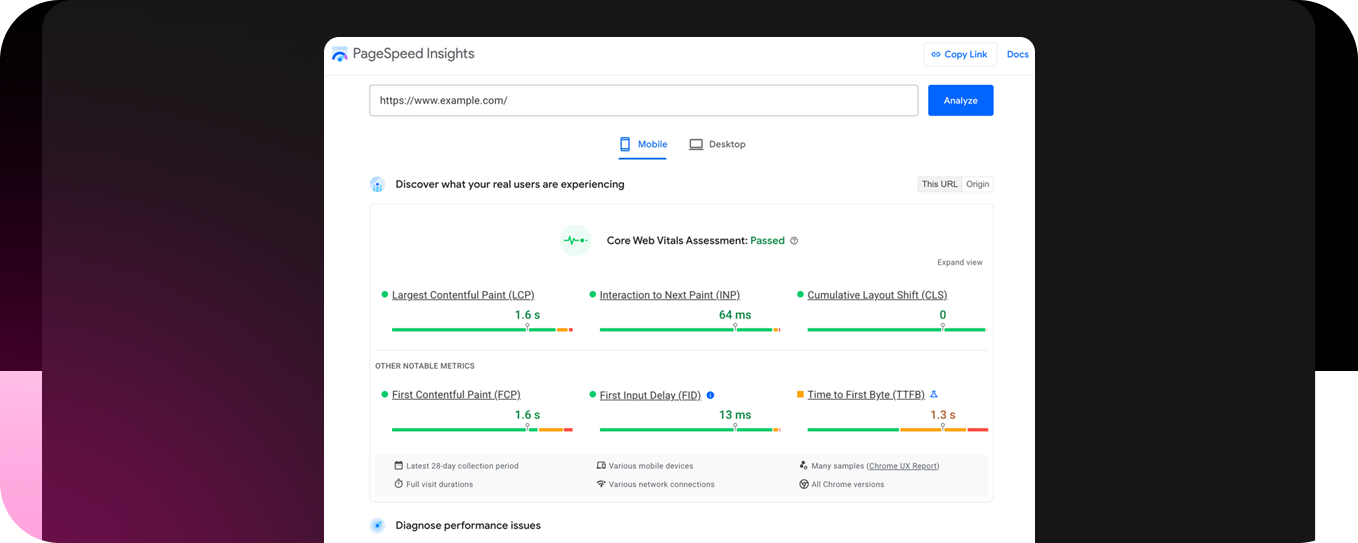 A google pagespeed insights report