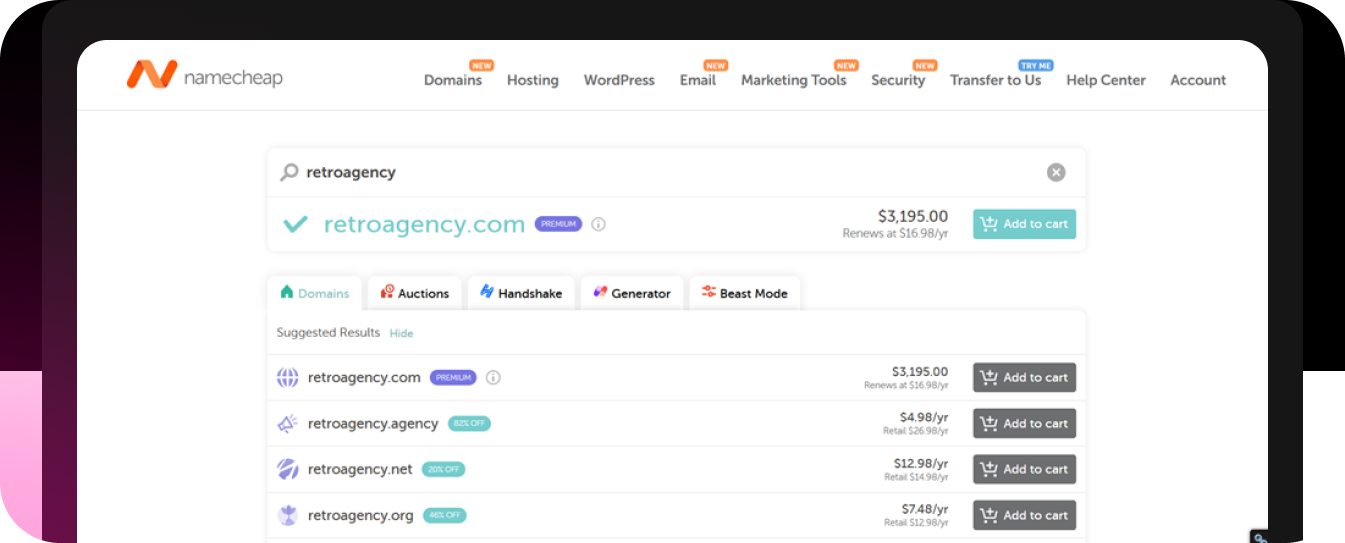 Namecheap search results for retroagency.com domain pricing