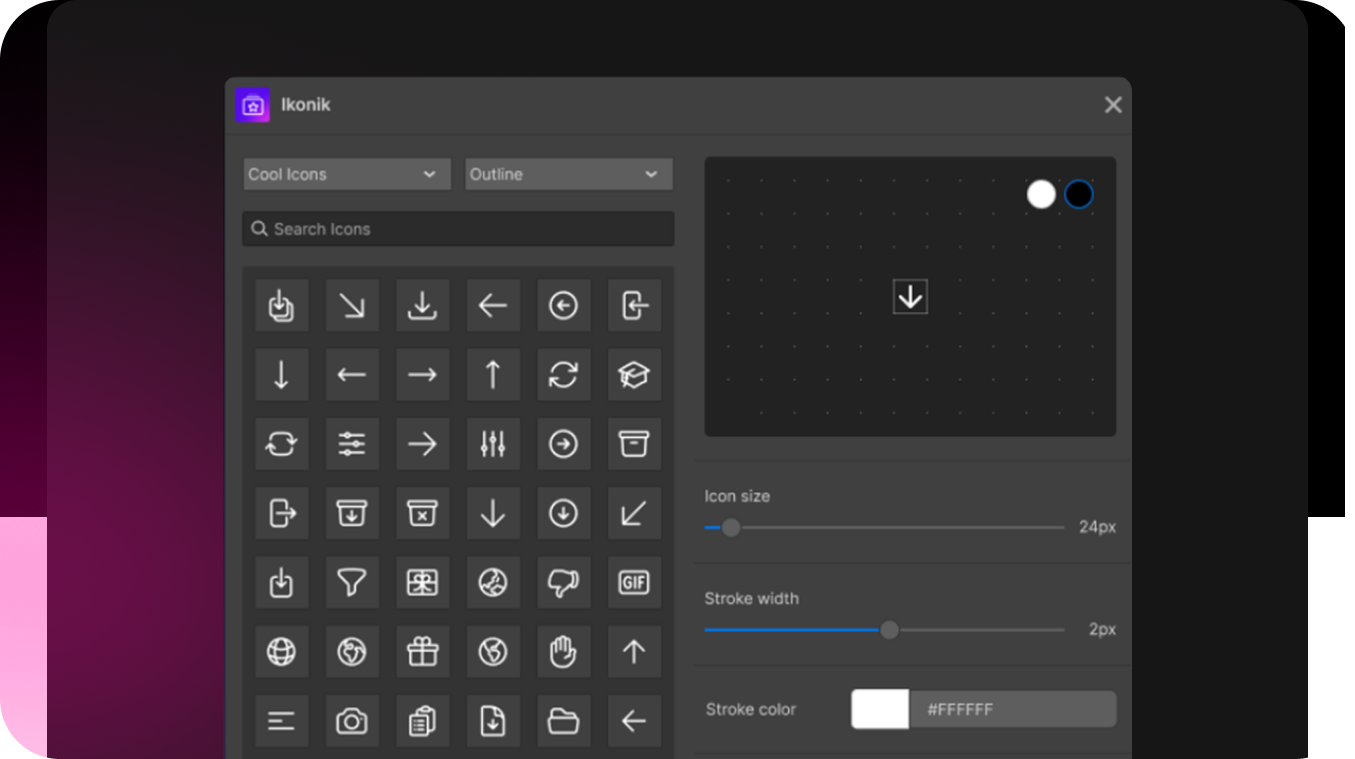 Ikonik plugin interface showing icon selection and customization