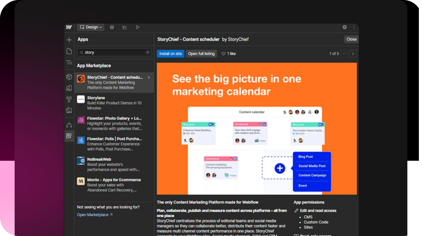 StoryChief content scheduler app in Webflow Marketplace