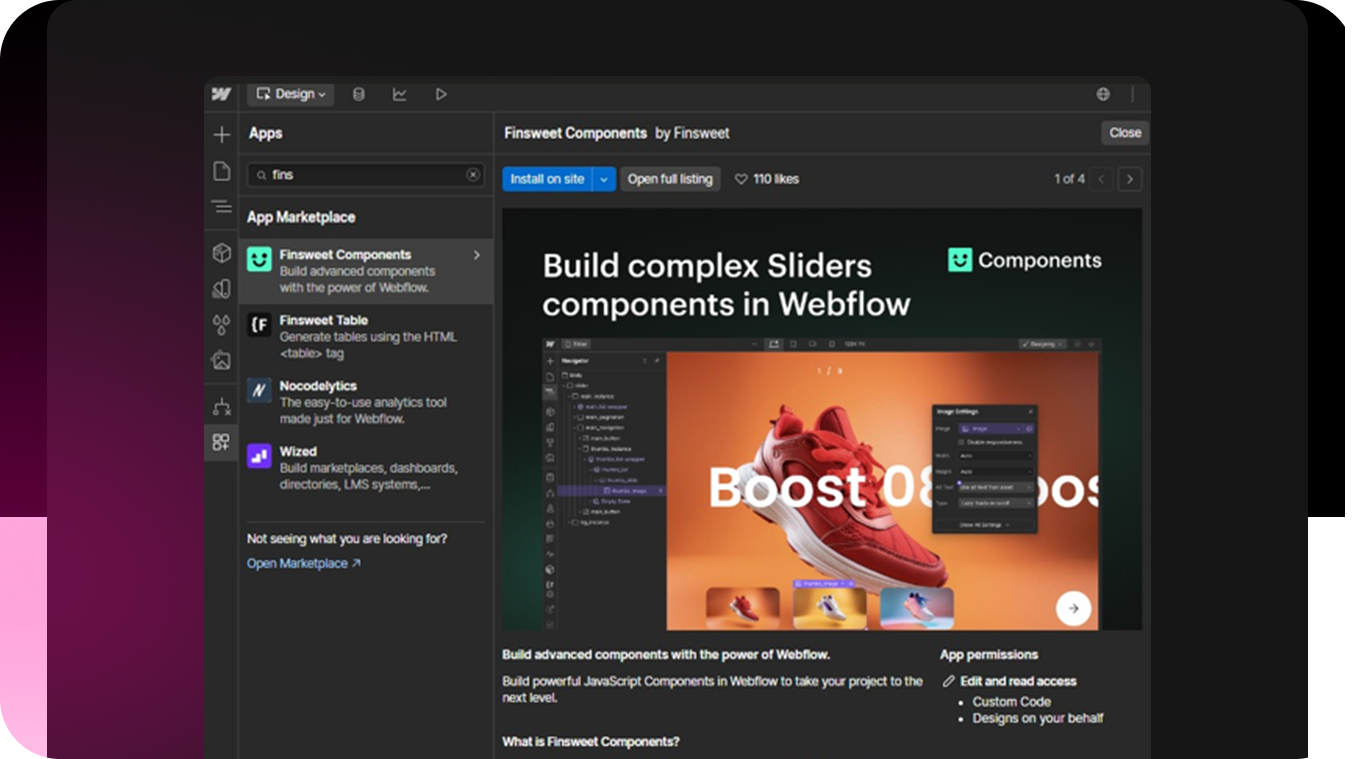 Finsweet Components app in Webflow for building sliders