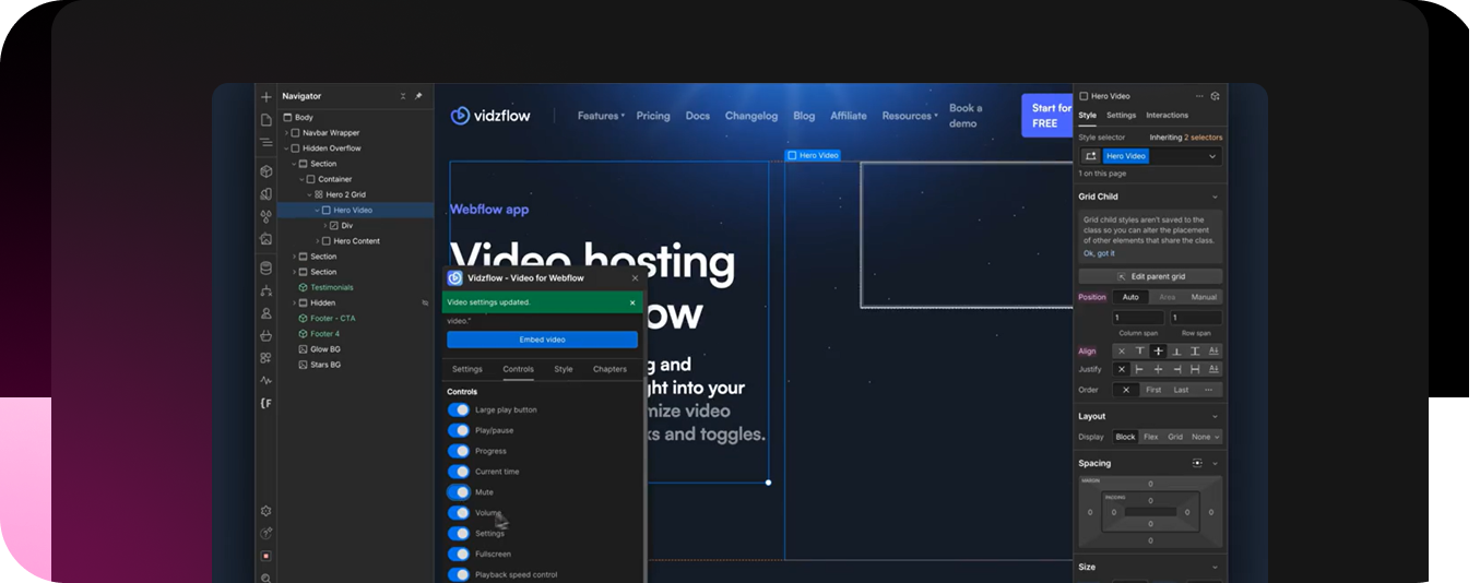 Vidzflow app in Webflow editor for customizing video hosting settings