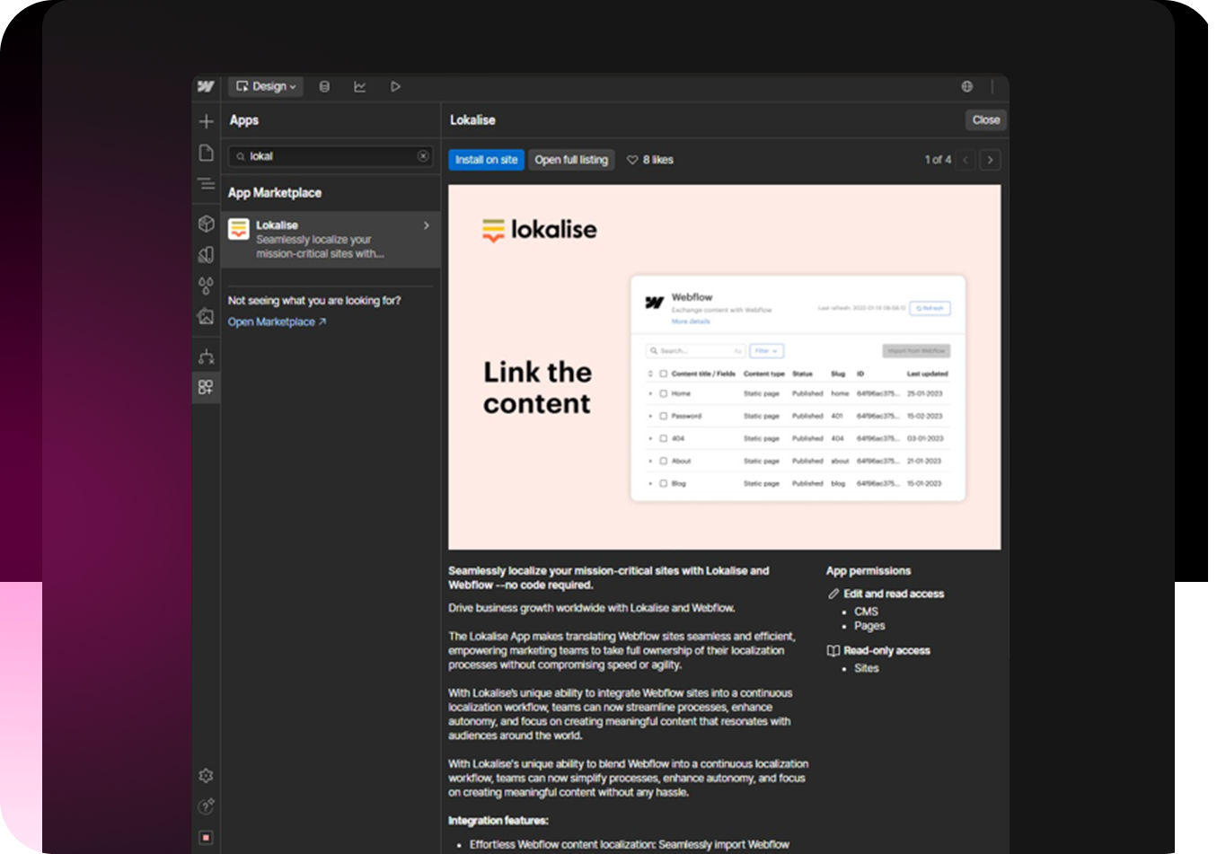 Webflow Marketplace screenshot of the Lokalise app with preview, description, and permissions