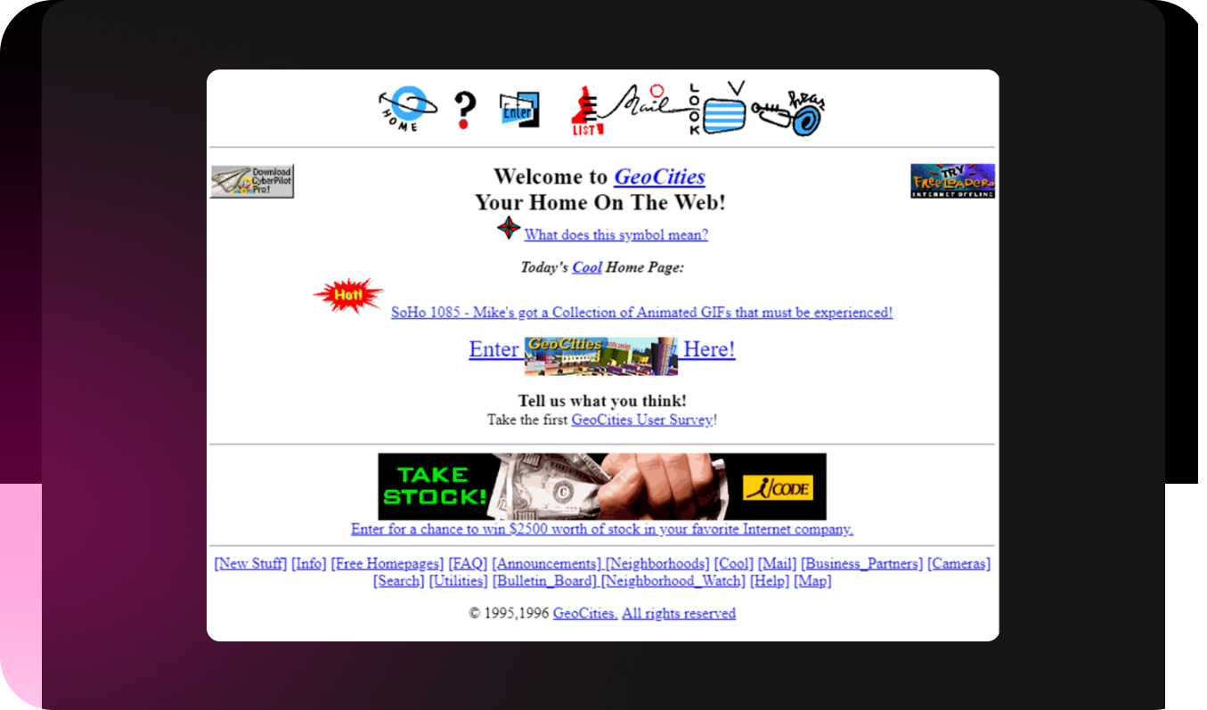 GeoCities defies modern design trends with bad fonts and horrible spacing elements