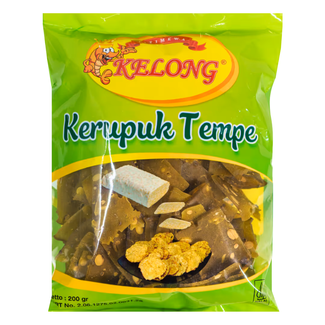 Kerupuk Tempe Kelong – Kerupuk tempe renyah dengan rasa gurih khas. Camilan sehat dan lezat, cocok untuk teman makan atau ngemil.