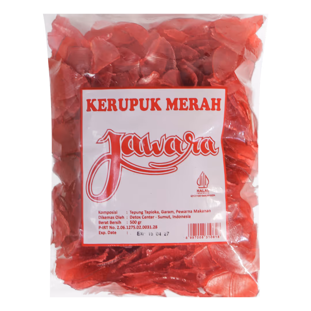 Kerupuk merah Jawara yang renyah dan gurih – kerupuk tradisional Indonesia berbahan tepung tapioka berkualitas.