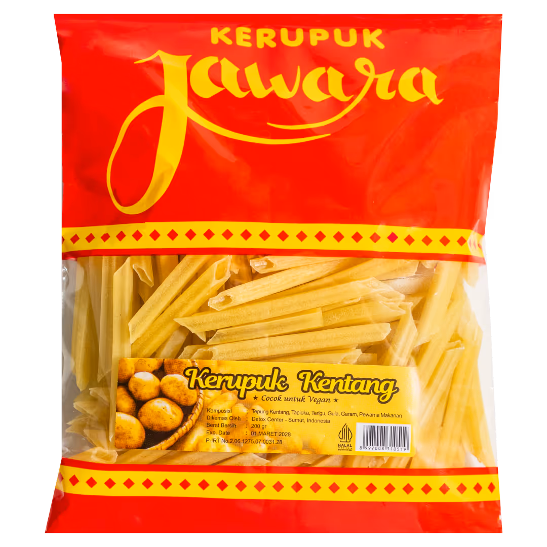Kerupuk kentang Jawara, camilan ringan dan renyah dari kentang, cocok untuk anak-anak dan keluarga.