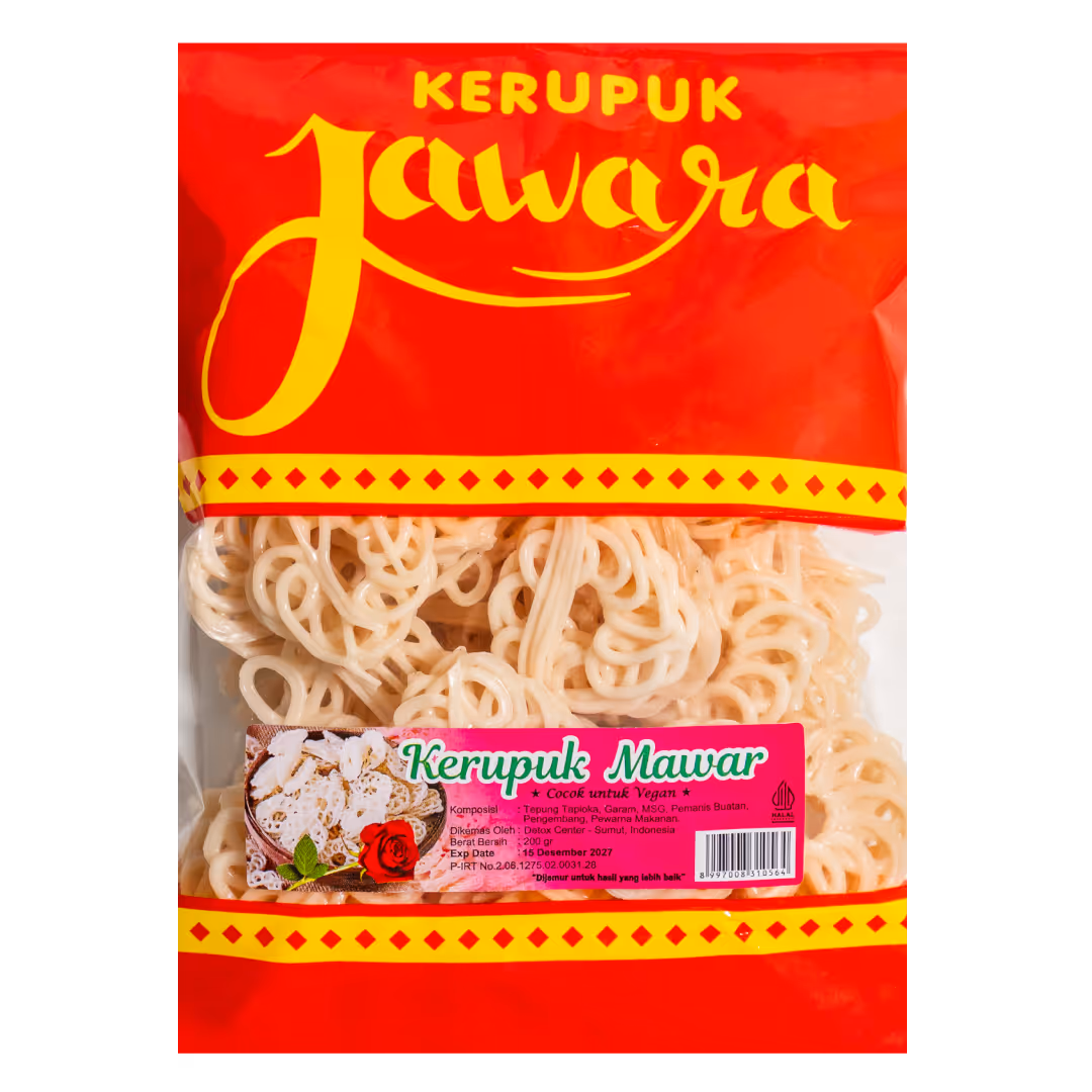 Kerupuk mawar Jawara, kerupuk renyah bentuk bunga mawar yang cocok untuk camilan keluarga dan sajian acara.