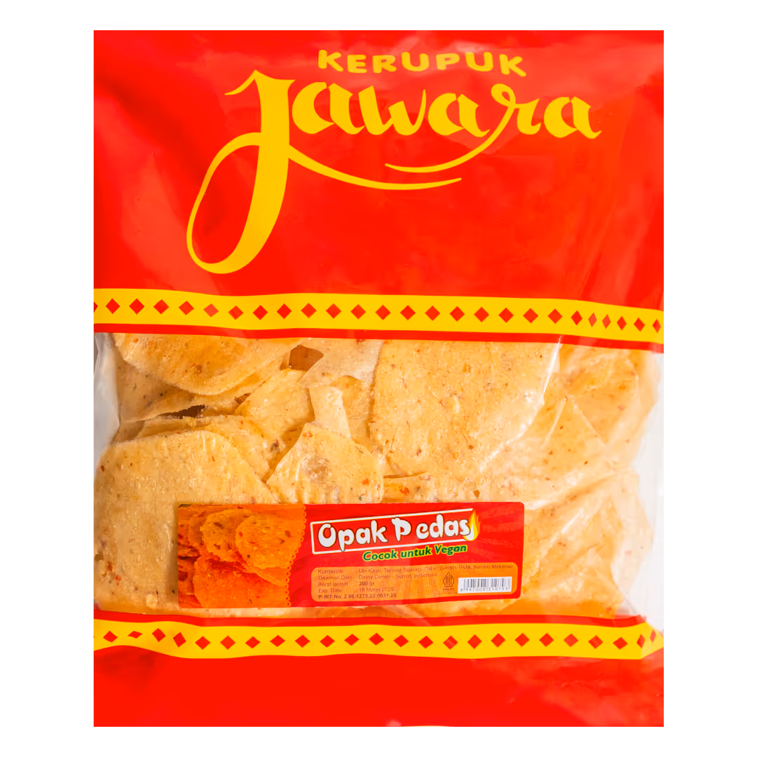 Kerupuk opak pedas Jawara, kerupuk singkong/ubi kayu rasa pedas khas Indonesia, favorit pecinta camilan pedas dan gurih.