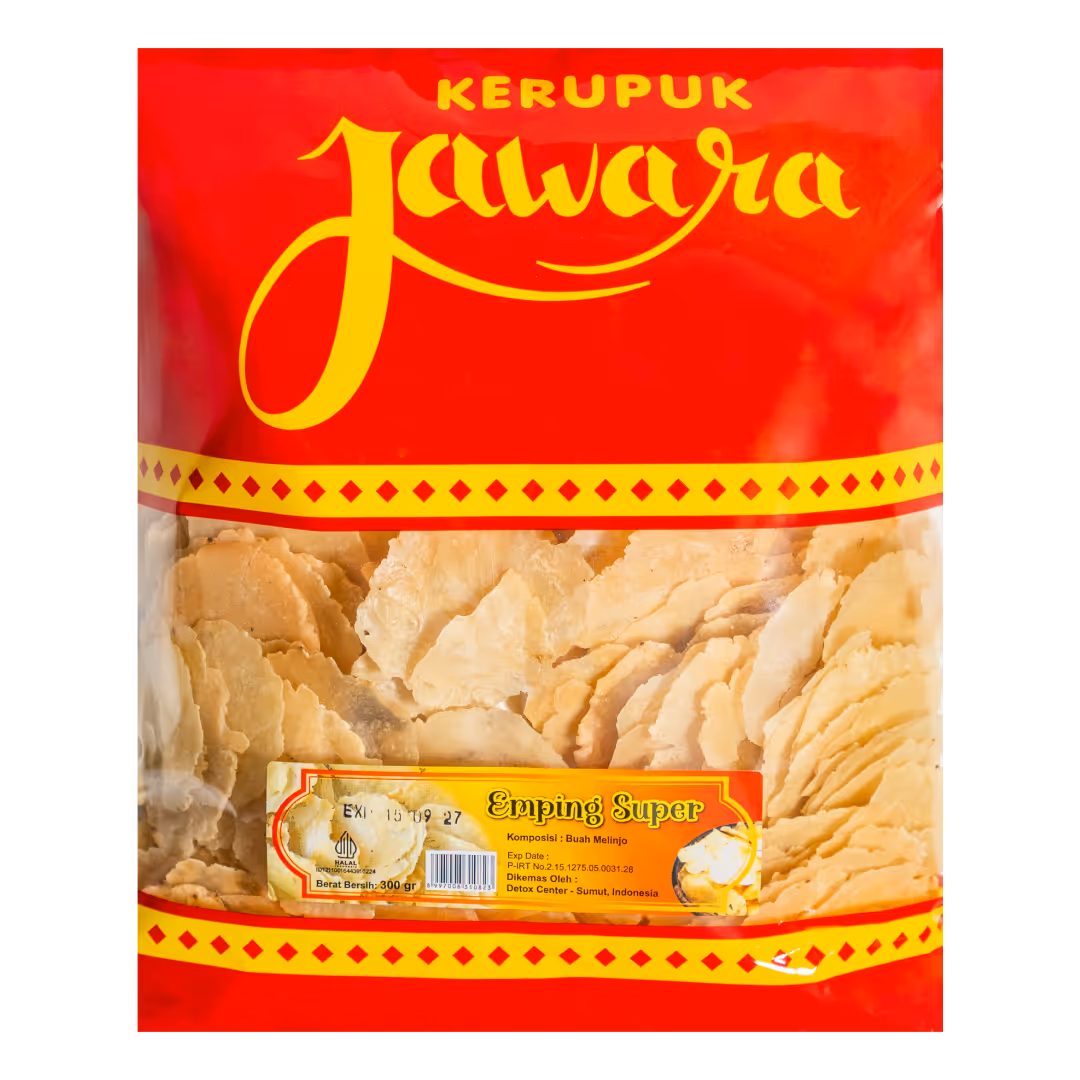Emping super Jawara, kerupuk melinjo gurih dan renyah, cocok untuk lauk atau camilan khas Indonesia.