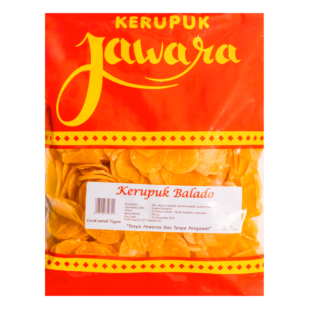Kerupuk balado Jawara, kerupuk renyah dengan rasa pedas manis khas Indonesia, cocok sebagai camilan dan pelengkap makan sehari-hari.