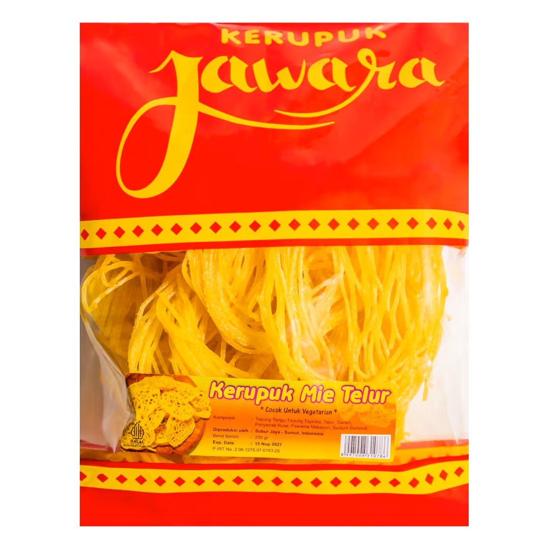 Kerupuk mie telur Jawara, kerupuk dari mie goreng renyah dengan rasa gurih, cocok untuk lauk dan camilan sehari-hari.