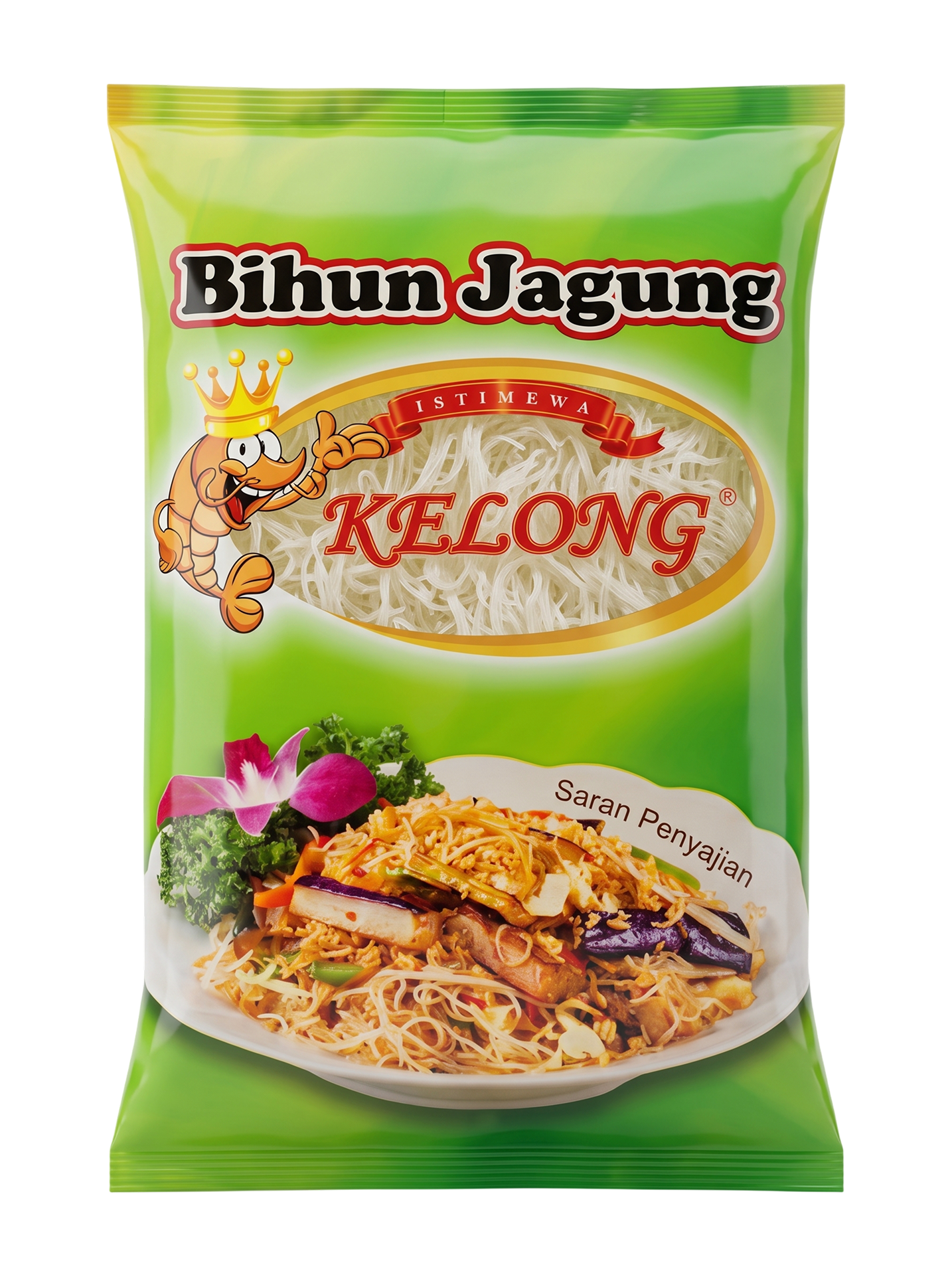 Package of Kelong Bihun Jagung corn vermicelli noodles with serving suggestion.