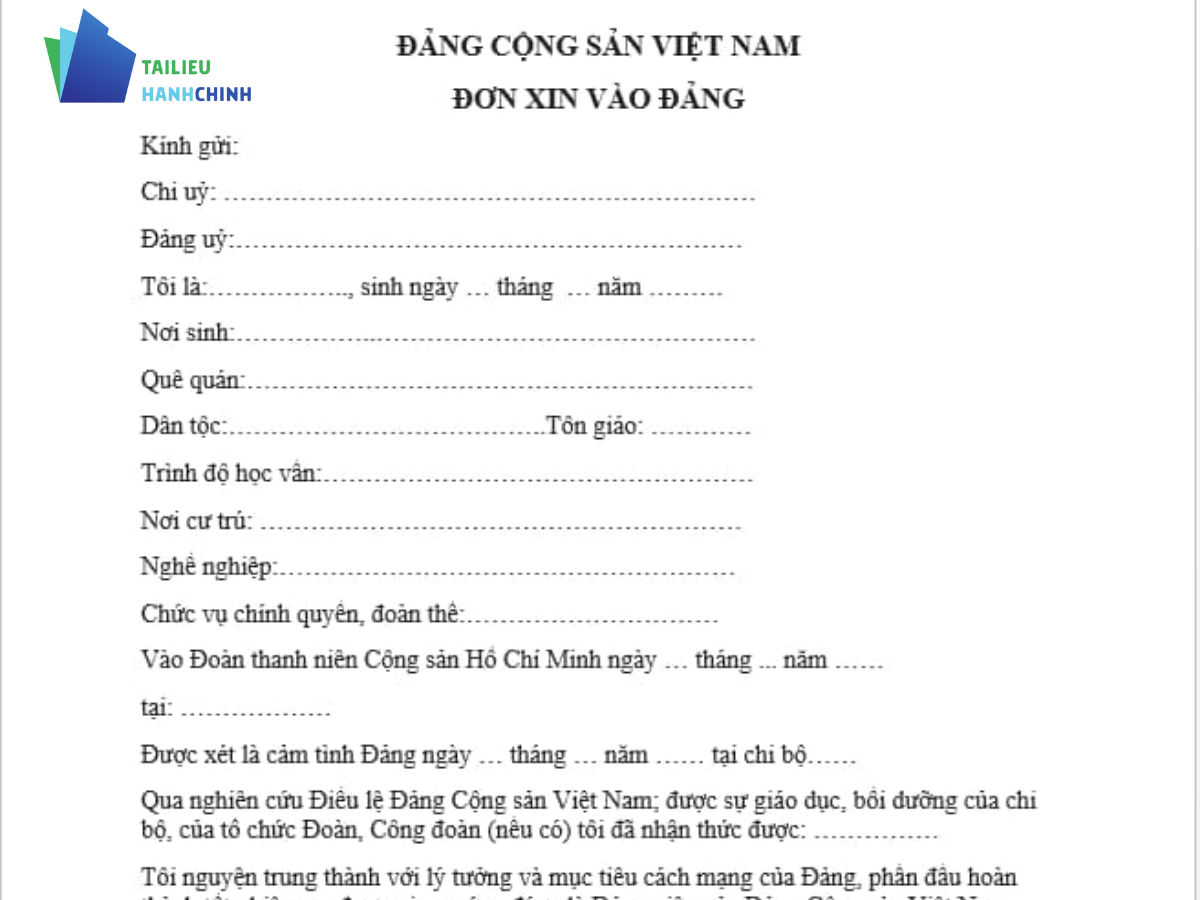 Download miễn phí mẫu đơn xin vào Đảng file word chuẩn nhất