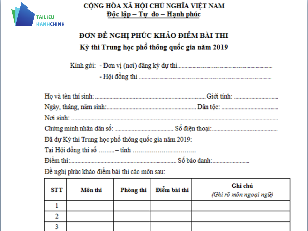 Download mẫu đơn xin phúc khảo bài kiểm tra, bài thi file word chuẩn