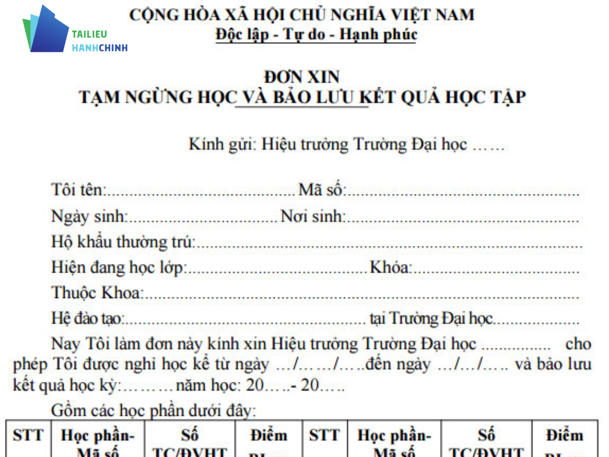 Tải mẫu đơn xin bảo lưu kết quả học tập file word cho học sinh, sinh viên
