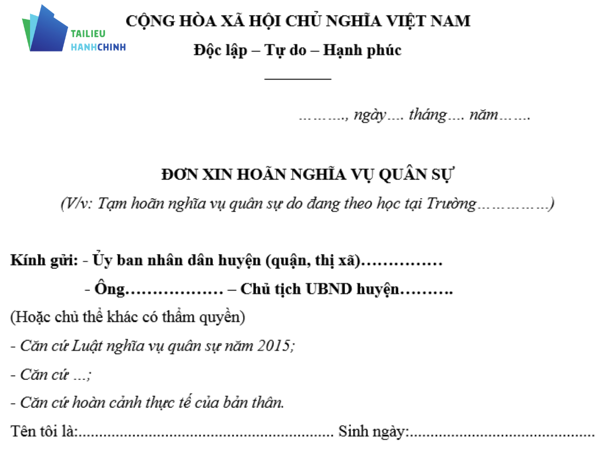 Free download mẫu đơn xin tạm hoãn nghĩa vụ quân sự file word chuẩn